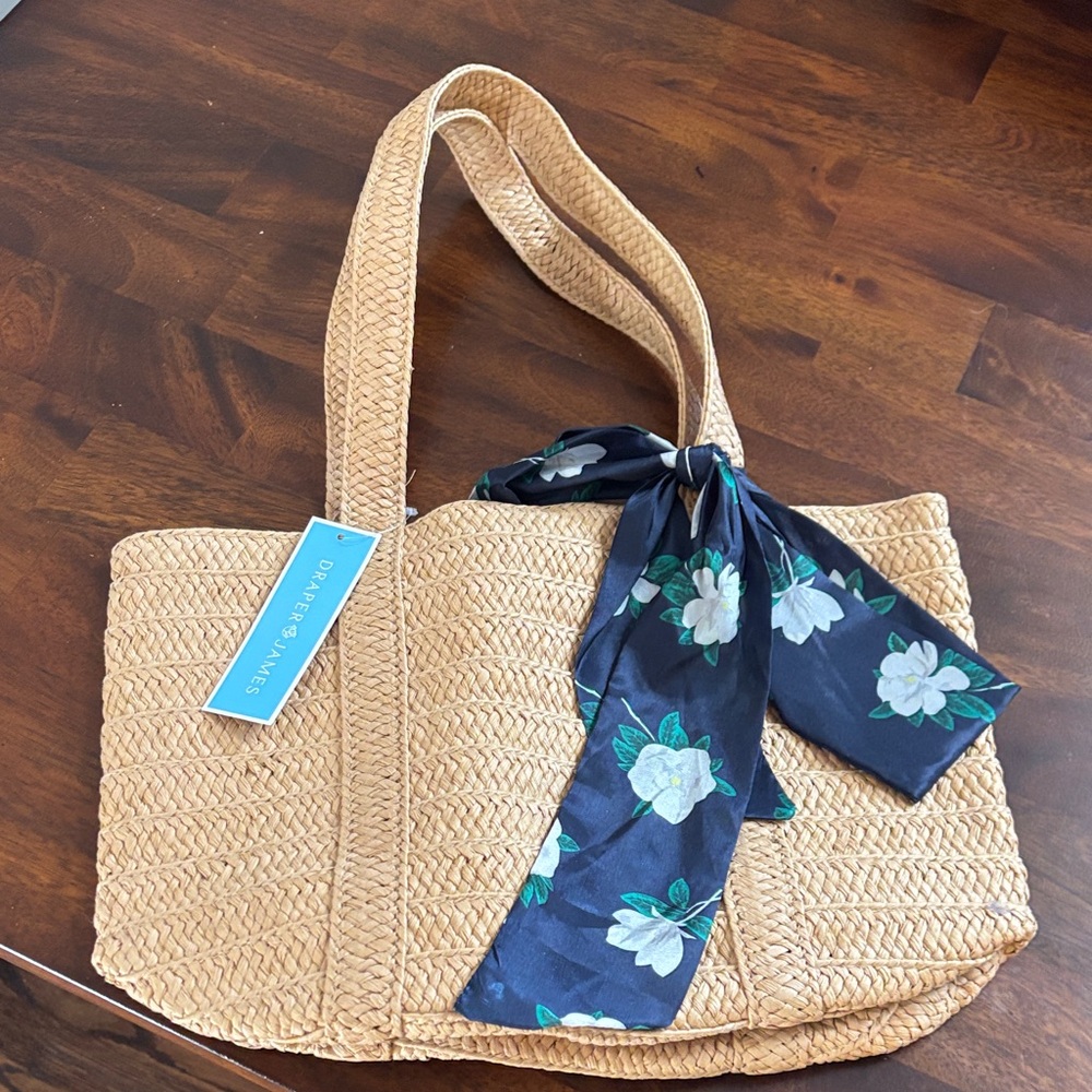 Charming Charlie Woven Tote with Navy Floral Scarf
